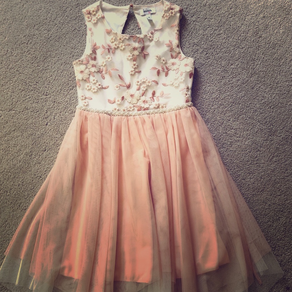 Embroidered floral semi formal dress pearl detail.